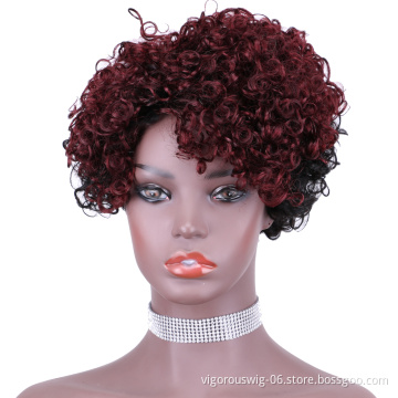 Vigorous Top Quality Ombre Black Roots To Red Afro Kinky Curly Wigs for Black Women Short Side Part Human Hair Wholesale Price